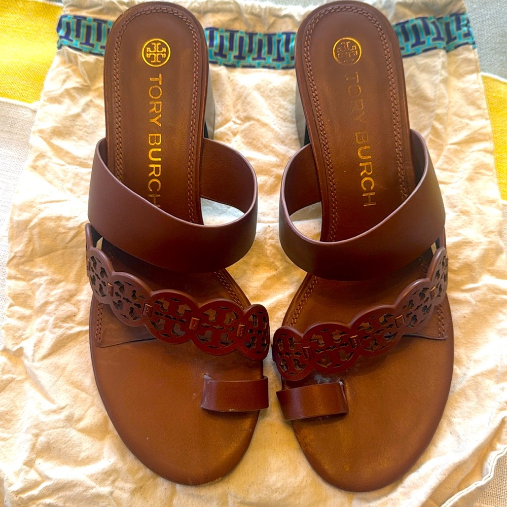 Tory Burch Tiny Miller Heeled Sandals in Burnt Cuoio Leather - Picture 2 of 15